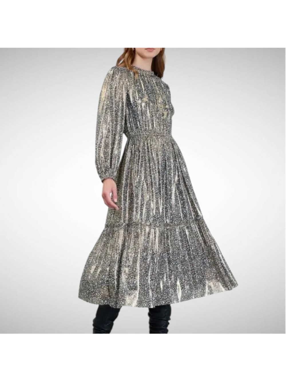 Current Air Gold Metallic Floral Midi Dress Brown Size M